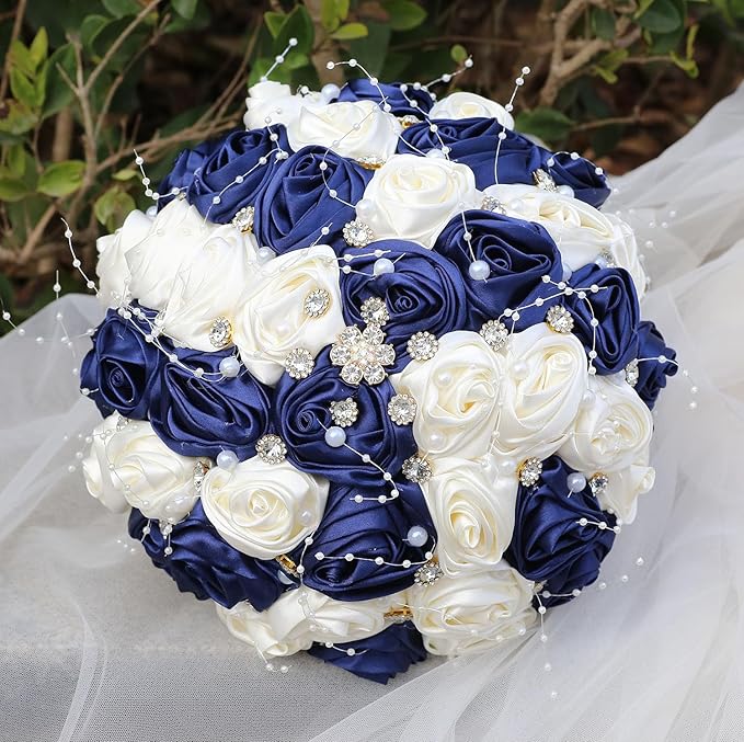 Bridal Wedding Bouquet Round Bling Brooch Bouquet Throw Toss Artificial Rose Flower Bunch for Bride Bridesmaid Wedding Quinceanera(Navy Blue & Ivory, 8.7")