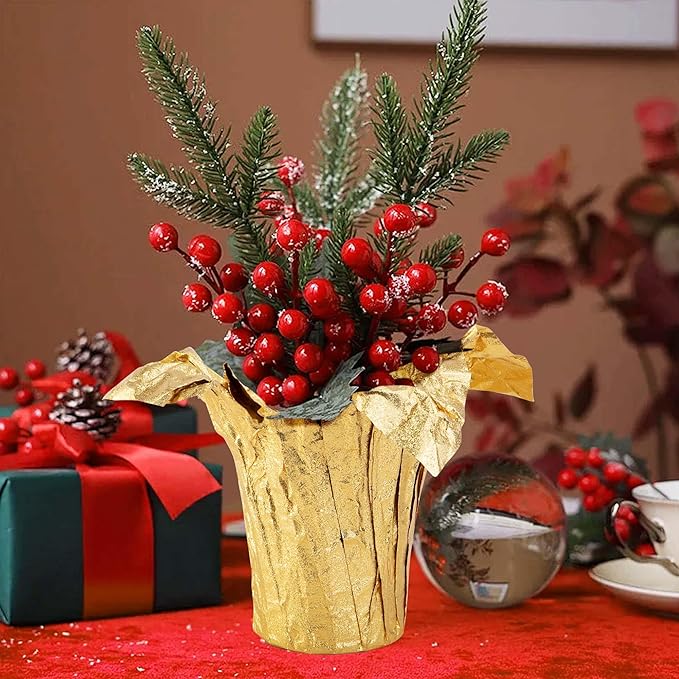 Iceyyyy 10 Yard Christmas Plant Pot Floral Foil, Matte Texture Floral Foil Plant Pot Covers, Golden Florals Foils Wrapping Paper for Home Garden Pots Vases DIY Decoration