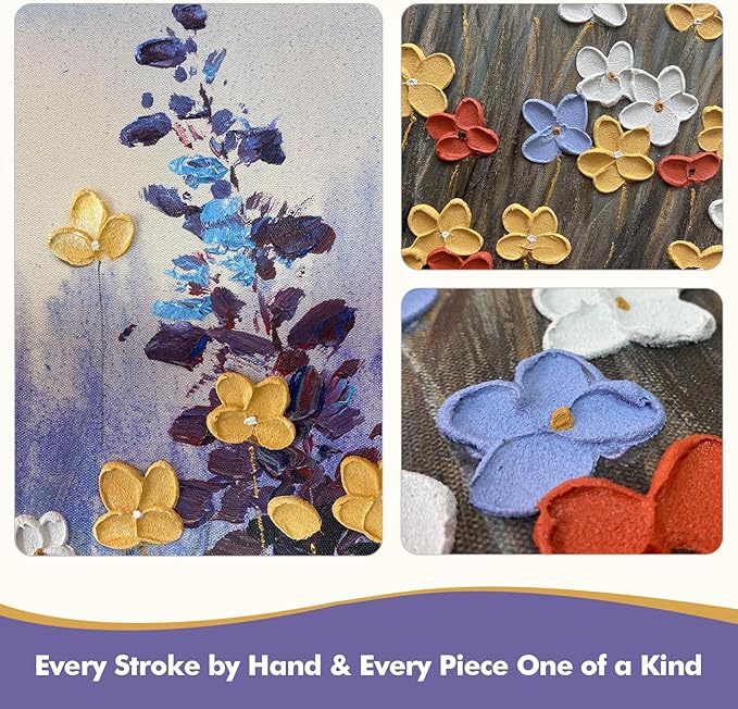 JUHOME Vintage Hand-Painted Texture Wildflower Canvas Wall Art, Rustic Nature Abstract Oil Painting,24x36 In Handmade Artwork for Living Room, Office, Bedroom