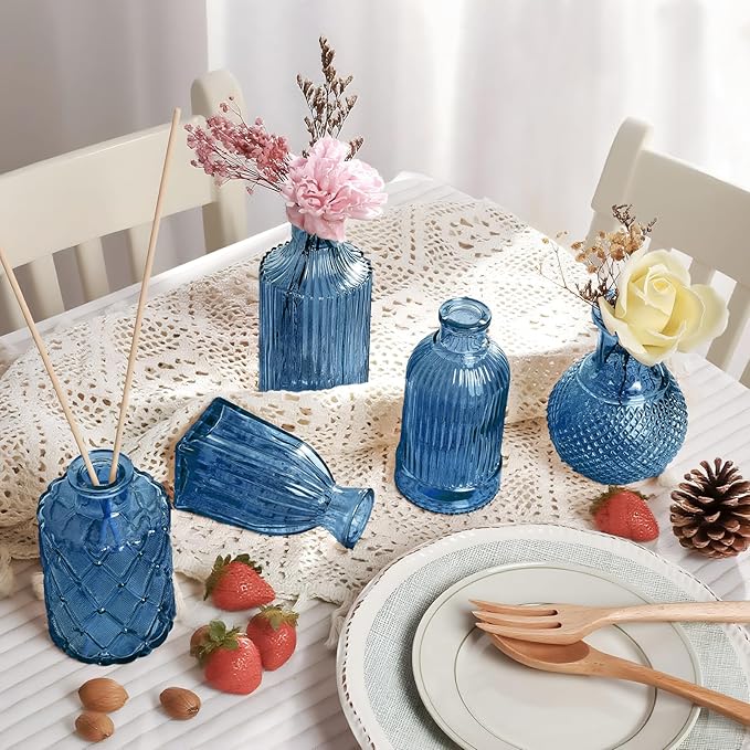 Blue Glass Vase Set of 12, Clear Bud Vase in Bulk, Small Flower Vases for Centerpieces, Mini Vases for Flowers, Vintage Decorative Embossed Vase for Home Decor, Wedding Table Decoration, Gift