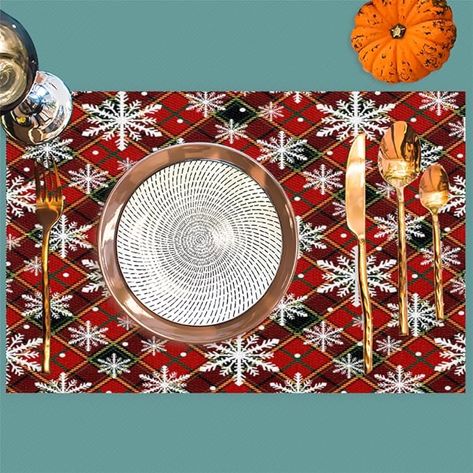 Christmas Xmas Waffle Art Snowflake Placemats Set of 1 PVC Vinyl Non Slip Table Mats Heat Resistant Place Mats Washable Wipeable Dining Table Mat for Kitchen Decor Party Indoor Outdoor Decorative Gift