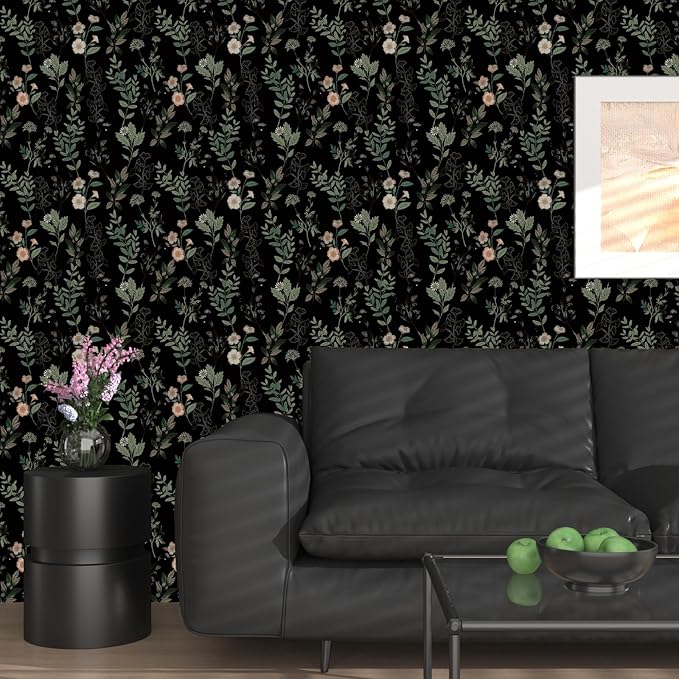 Black Green Leaf Wallpaper Peel and Stick Vintage Taupe Green Floarl Contact Paper 17.4" X 118" Moody Wallpaper Waterproof Self-Adhesive Wall Covering for Bedroom Countertop Desk Cabinets Decor