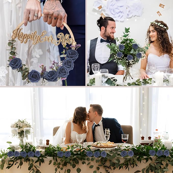 Artificial Flowers Navy Blue Roses 50PCS Real Looking Foam Fake Roses with Leaves and for DIY Wedding Bouquets Bridal Shower Centerpieces Party Decorations (Navy Blue)