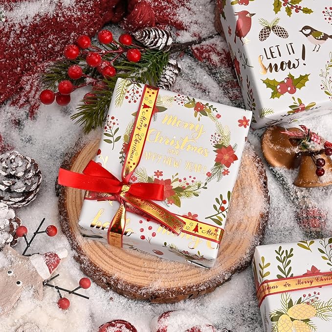 MAYPLUSS Christmas Wreath Wrapping Paper - 17Inch X 33Feet - Beautiful Holiday Wreaths, Vintage Holly Berry & Red Flower Festive Christmas Design Holiday Gift Wrap Paper for Winter Birthday, Wedding