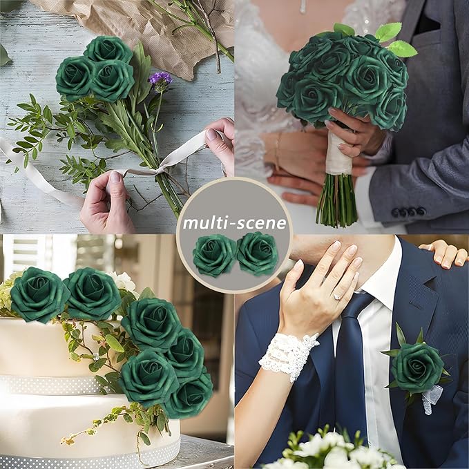 Artificial Flowers 50Pcs Peacock Green Roses Real Looking Foam Fake Roses with Leaves and for DIY Wedding Bouquets Bridal Shower Centerpieces Party Decorations (Peacock Green, 50)