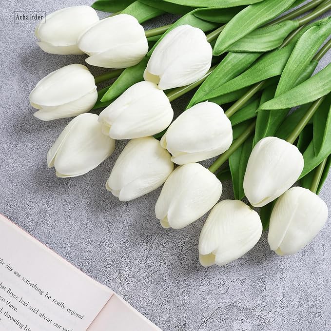 30pcs Tulips Artificial Flowers, Artificial Latex Real Touch Tulips Flowers Bouquet for Mother's Day Easter Wedding Party Home Decor-White