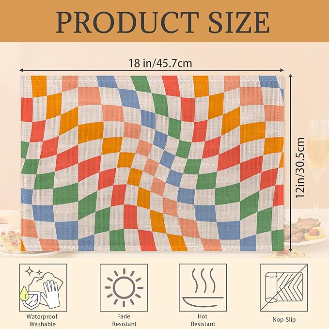 Groovy Retro Wavy Checkered Orange Placemats Set of 6 Place Mats for Kitchen Table Washable Farmhouse Linen Table Mats Dining Decoration 12x18 Inch