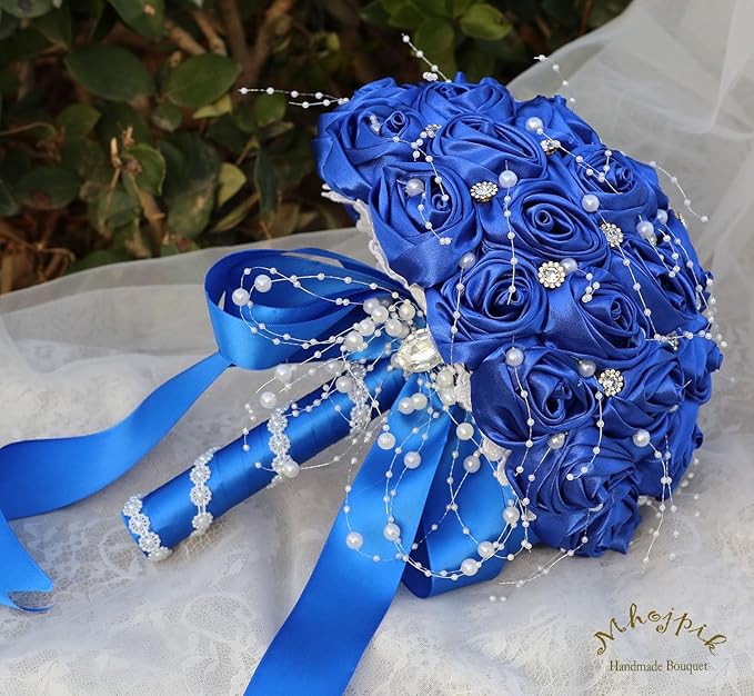 Bridal Wedding Bouquet Round Bling Brooch Bouquet Throw Toss Artificial Rose Flower Bunch for Bride Bridesmaid Wedding Quinceanera(Royal Blue, 9.8")