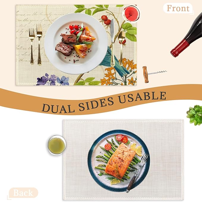 Bird Placemats Set of 6,Washable Heat Resistant Table Mats Vintage Place Mats for Kitchen Dining, Cozy Fall Winter Decor, Bird Floral Pattern
