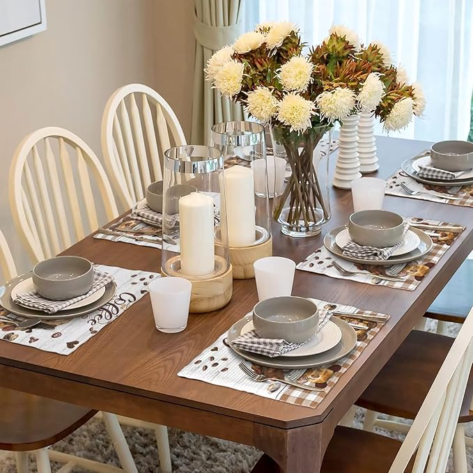 Coffee Gnomes Linen Placemats Set of 6 Brown Buffalo Plaid Placemat Indoor Outdoor Party Home Desktop Kitchen Dining Room Decoration 12x18 Inch