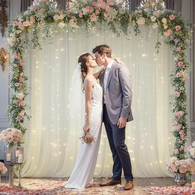 10x10ft Ivory Tulle Backdrop Curtain with Lights String for Parites, Sheer Backdrop Curtains for Wedding Baby Shower Birthday Party Photo Shoot Decorations