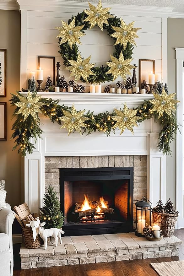 DILATATA 3 Pcs Artificial Christmas Flowers 13 Inch Glitter Poinsettia Picks Christmas Tree Ornaments Topper Decorations Gold Poinsettias Flowers for Xmas New Year Wreath Garland Wedding Home Decor