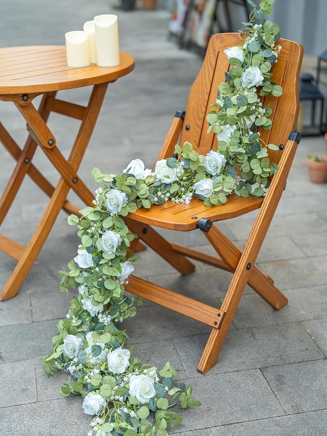 6FT Artificial Eucalyptus Garland with Flowers, 10 White Roses Baby Breath Garland Floral Greenery for Wedding Party Centerpiece Table Runner Backdrop Wall Decor Decoration