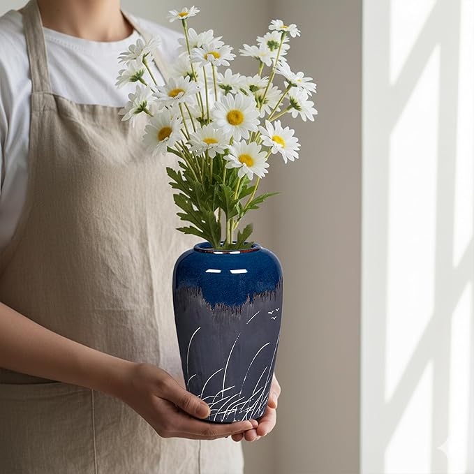 Black and Navy Blue Vase, 8 Inch Dark Blue Ceramic Vase for Flowers, Modern Decorative Vases for Home Decor, Coastal Living Room Decor, Navy Table Centerpiece