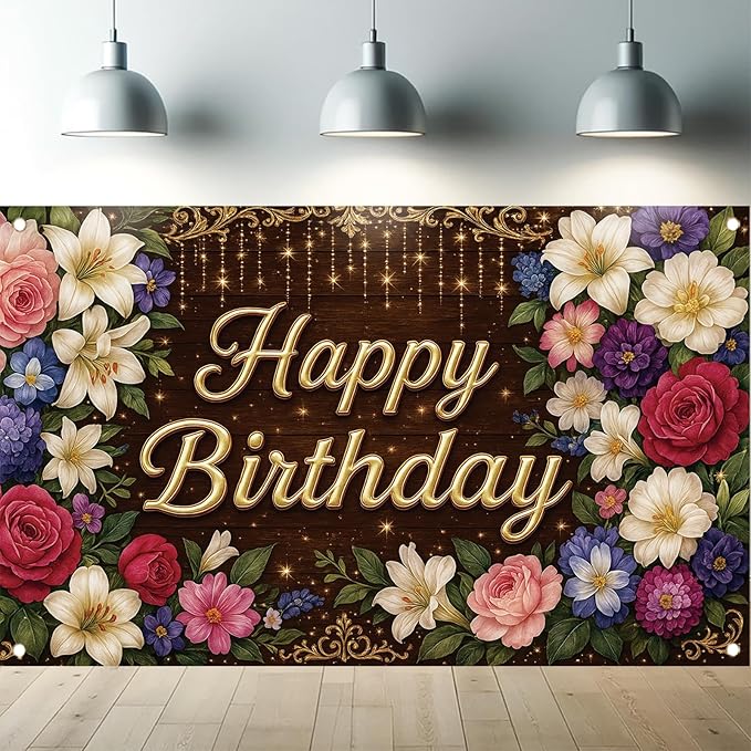 Rustic Wooden Gold Letter Happy Birthday Backdrop Banner for Women Girls Flowers Photography Background Decoration Wedding Baby Shower Decor Photo Booth Studio Props Supplies 6x4ft
