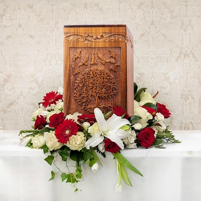 INTAJ Cremation Urns for Ashes – Companion Wooden Tree of Life Urn Box and Casket for Human Ashes of Men, Women, Child, or Pets (Cat/Dog) – Memorial Burial Funeral Urns – Holds 640 Cubic Inches