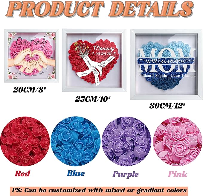 Personalized Mom Flower Shadow Box With LED Light Holding Hand Flower Shadow Box Light Up Frame With Kid's Name Mothers Day Gifts for MOM Grandma Family Birthday (Hand In Hand)