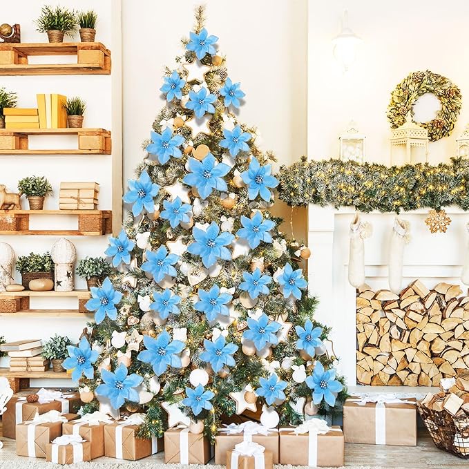 WILLBOND 24 Pcs 3 Size Poinsettia Flower Artificial Christmas Decor Glitter Poinsettia Christmas Ornaments Faux Flowers for Xmas Tree Outdoor(3.2/4/6 Inches,Lake Blue)