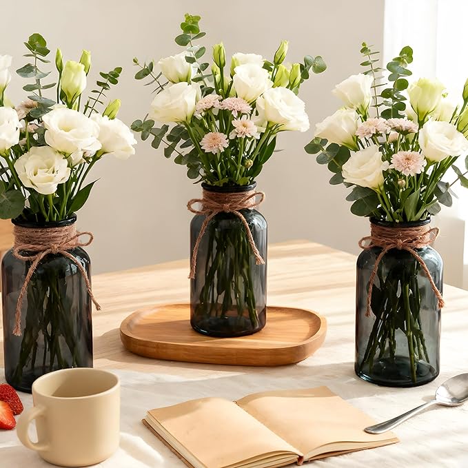 Vintage Glass Flower Vase，3 Pack Farmhouse Black Glass Centerpiece Vases Mason Jars for Weddings, Parties & Home Decor Bulk (3, Black)