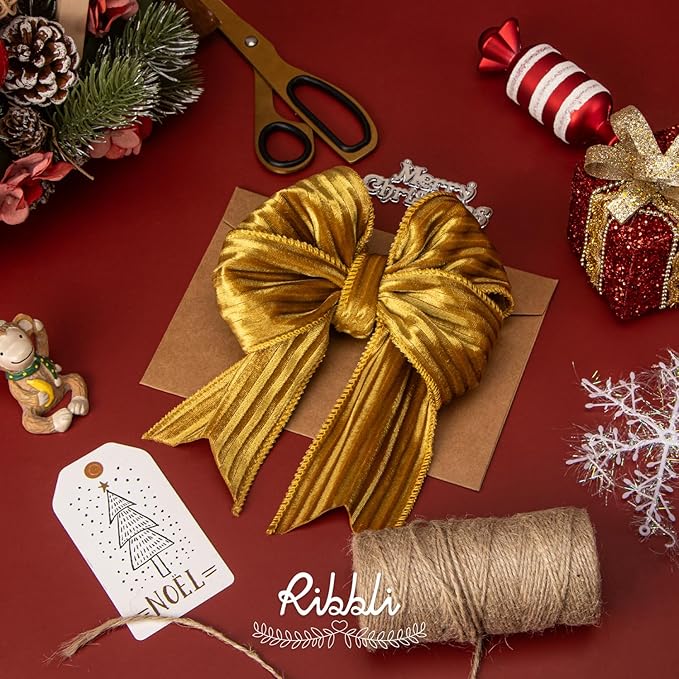 Ribbli Glossy Gold Velvet Wired Ribbon 2.5 Inch Striped Velvet Christmas Ribbon for Gift Wrapping Christmas Tree Decoration Crafts Wreaths Supplies-Continuous 10 Yards