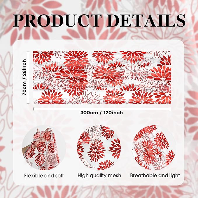 Artoid Mode 3PCS Beige Red Dahlia Flower Gauze Table Runner 120 Inch 10FT, Glitter Metallic Foil Seasonal Sheer Dining Holiday Table Decor for Home Party