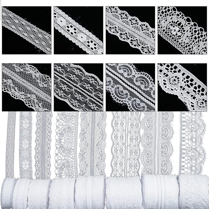 80 Yards White Lace Trim Ribbon,8 Rolls Crochet Sewing Assorted Patterns Vintage Floral Lace Ribbons for Sewing DIY,Gift Wrap,Scrapbooking, Bridal Shower Wedding Decor, 10 Yards Each Roll