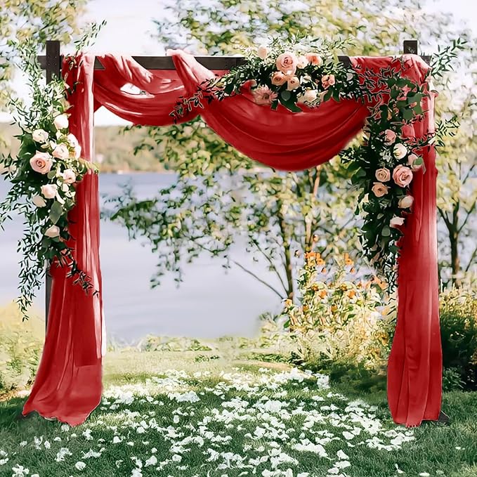 VOK Red Wedding Arch Draping Fabric 29in x 18Ft 4 Panels Sheer Chiffon Curtain Drapes Extra Long for Outdoor Wedding Ceremony Birthday Party Decoration