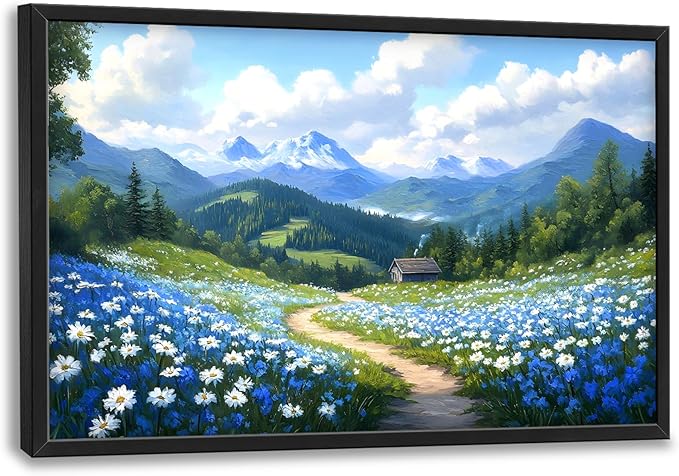 Mountain Large Wall Art Framed Wall Decor for Living Room Countryside Wildflowers Pictures Oversized Canvas Print Painting Modern Extra Large Framed Artwork for Bedroom Office 36"x24"