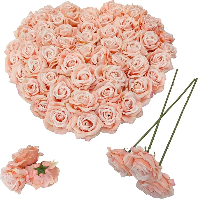 Artificial Satin Rose Flower Heads,48 Pcs Silk Rose Heads with Stems,3.3'' Rose Artificial Flowers Bulk,Artificial Rose Flower Heads for DIY Crafts Bouquet (48, Blush)