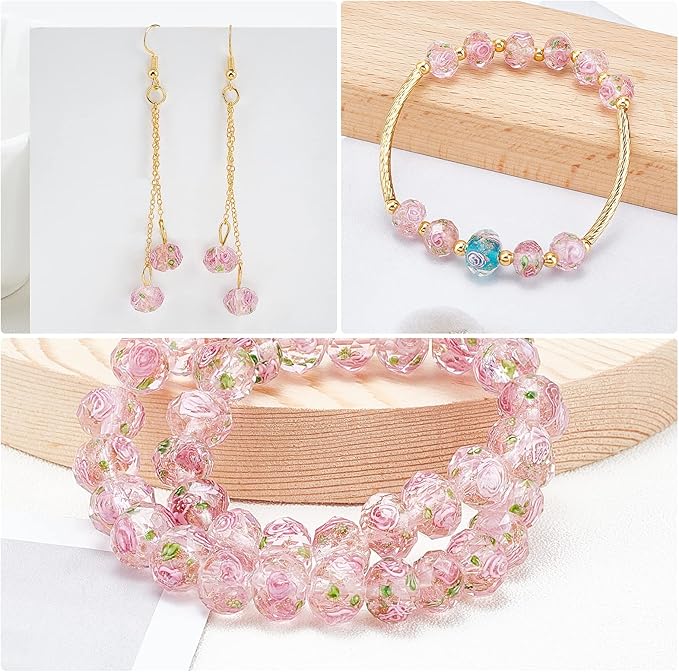 PH PandaHall 60pcs 8~10mm Pink Rose Lampwork Beads Gold Sand Glass Beads Flower Glass Beads 1.5~2mm Hole Floral Handmade Lampwork Beads Round Loose Beads for Rosary Making Jewelry Craft Making
