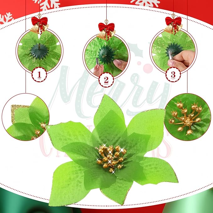 WILLBOND 24 Pcs 3 Size Poinsettia Flower Artificial Christmas Decor Glitter Poinsettia Christmas Ornaments Faux Flowers for Xmas Tree Outdoor(4/6/7.9 Inches,Green)