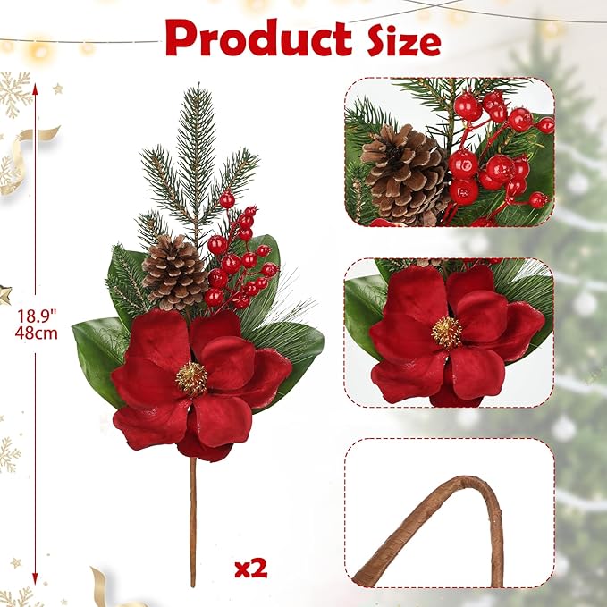 Briful Red Magnolia Christmas Flower Branches, 2 Pack 18.9in Artificial Magnolia Floral Picks and Spray with Pinecones Berries for Xmas Tree Vase Arrangements Decor