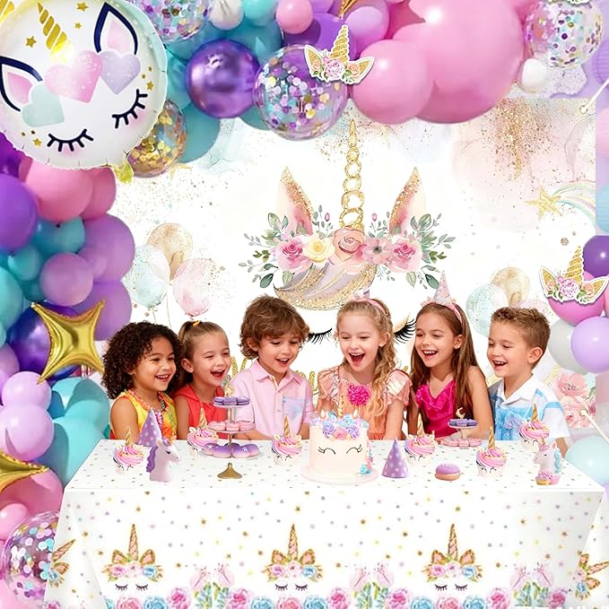 Unicorn Birthday Party Decorations For Women Girls,Happy Birthday Banner,Purple Pink Balloon Arch Kit,Foil Balloons,Cake toppers