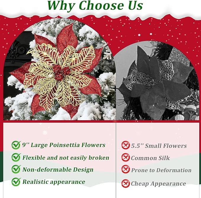 9'' Large Christmas Poinsettia Flowers, 4 Pcs Red Gold Glitter Artificial Christmas Tree Ornament Flowers Decorations with Clips for Xmas Tree Wreath Garland Wedding Party DIY Decor