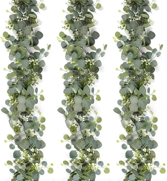 Mavee 3-Pack 5.9ft Artificial Eucalyptus Greenery Garland with Silver Dollar Leaves - Spring Table Runner Vines for Wedding Decor, Home Mantel, Wall Hanging & Party Arrangements