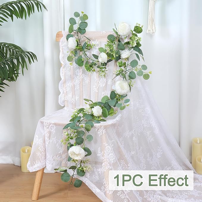 SOMYTING 2 Pack 13FT Flower Garland, Artificial Rose Vine Fake Flower Garland Silk Rose Peony Hanging Vine Faux Floral Vine for Wedding Party Arch Table Wall Backdrop Decoration (White)
