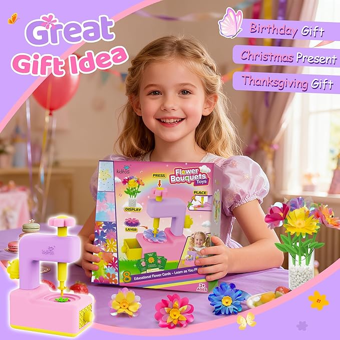 Kiditos DIY Flower Maker Toy Kit – Fabric Flower Bouquet Machine with Accessories, Creative Arts & Crafts Activity Set – Birthday Present, Party Favor & Christmas 2025 Holiday Gift for Kids Ages 3+