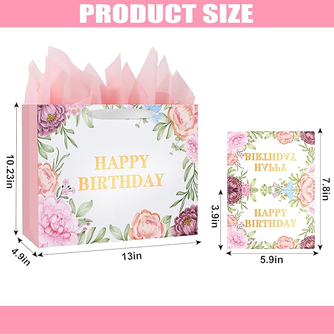 ASYEHJNR 13" Large Size Happy Birthday Gift Bag Metallic Gold Happy Birthday Sign with Floral Peony Flower Pattern Retro Gift Bag with Greeting Card and Tissue Paper and Handle for Girls Women Bday