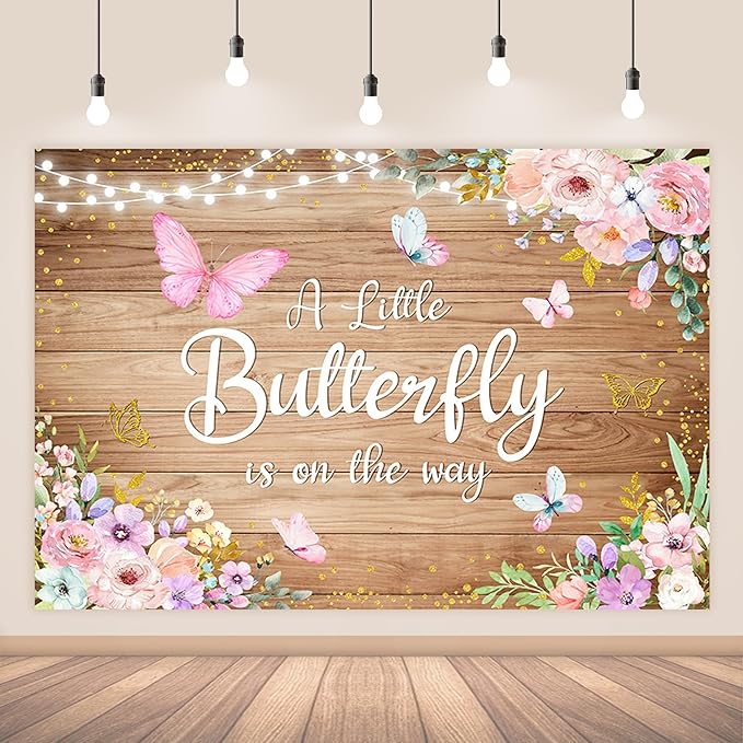 7x5ft Butterfly Baby Shower Backdrop A Little Butterfly is on The Way Photography Background Rustic Wooden Pink Floral Flowers Princess Girl Newborn Party Banner Decoration