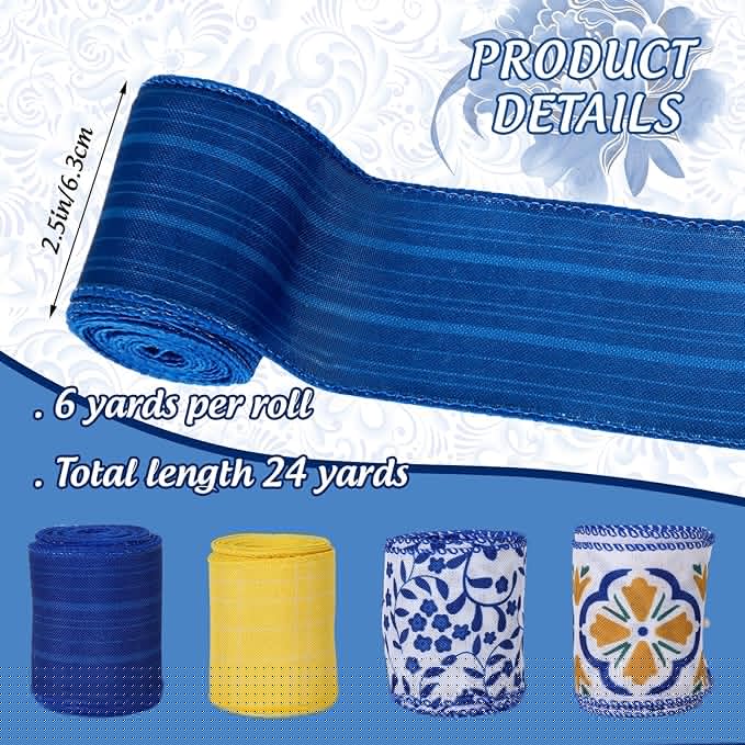 Boho Wired Edge Ribbon Blue Yellow Stripe Plaid Floral Leaves Fabric Craft Ribbon for Wedding Birthday Bridal Shower Wreath Bow Making, 4 Rolls, 24 Yards