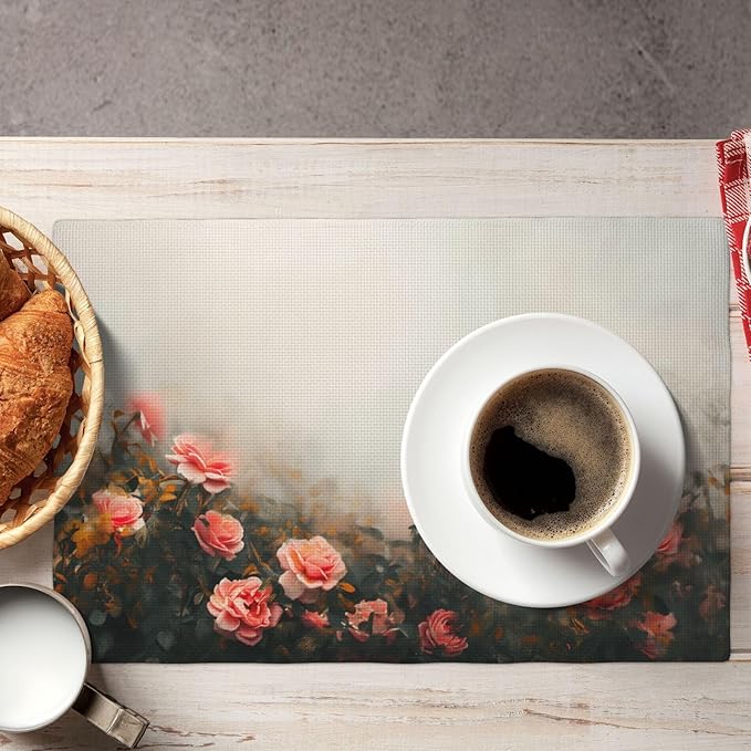 Placemats 4 pcs Vintage Oil Painting Flowers Double-Layer Imitation Linen Place Mats Non-Slip Heat-Resistant Tablemats for Home Restaurant Hotel 18×12 Inch