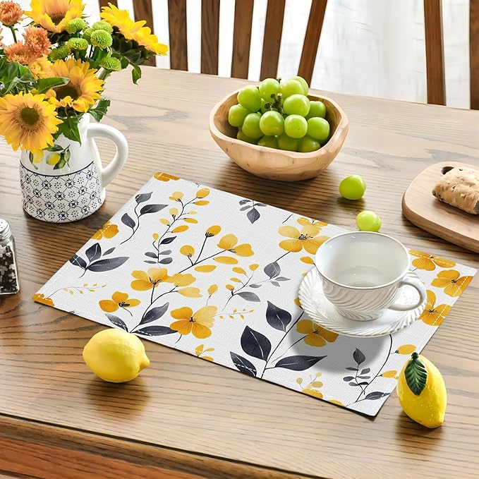 Farmhouse Yellow Flowers Placemats Set of 6, Rustic Floral Place Mats, Country Dining Table Mats, Washable Spring Placemats for Kitchen Dining Room Home Decor 18L'' × 12W''