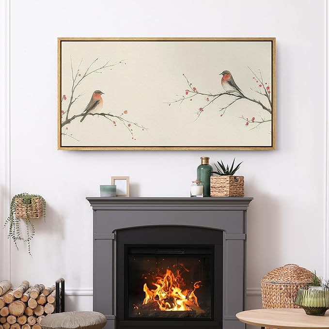SIGNFORD Extra Large Framed Canvas Print Wall Art Minimalist Birds on Branches with Red Berries Illustrations Modern Art Relax/Calm Warm for Living Room, Bedroom, Office - 60"x30"
