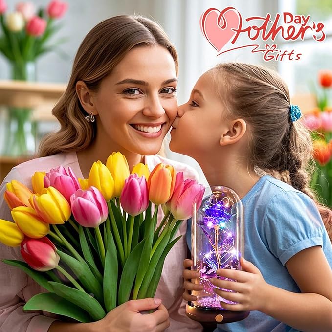 Christmas Rose Gifts for Women, Womens Gift for Christmas Rechargeable Galaxy Glass Rose Light Up Roses In Glass Dome Crystal Flower Butterfly Birthday Xmas Gifts for Women Wife Grandma Sister Purple