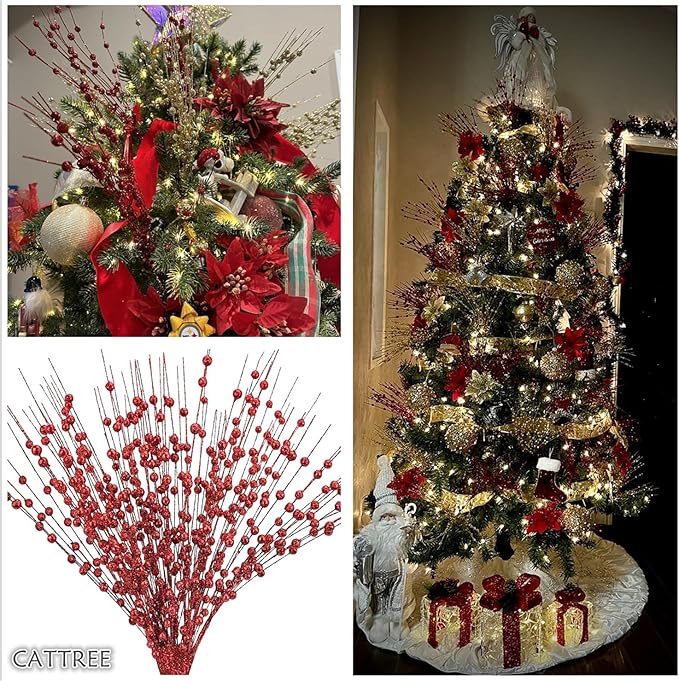 Artificial Glitter Berry Stems Decorations 17 Inch, Fake Berries Bead Sticks Pick for Halloween Christmas Ornaments Berries Stem Xmas Tree Picks Wreath Vase Filler Home DIY Decor - Red 10 Pack