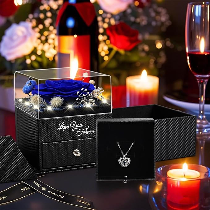 FIACO Gifts for Women Preserved Real Roses with I Love You Necklace Fresh Forever Flowers Birthday Gifts for Mom Grandma Wife Girlfriend on Anniversary Christmas Valentines Romantic Gift