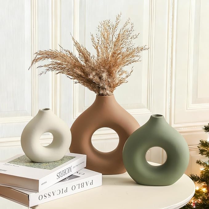 Ceramic Vase Home Table Decor - Flower Vases Set of 3 Small Living Room Centerpiece Decorations for Shelf Bedroom Office Kitchen Dining Desk Modern Aesthetic Farmhouse Decorative (Brown)