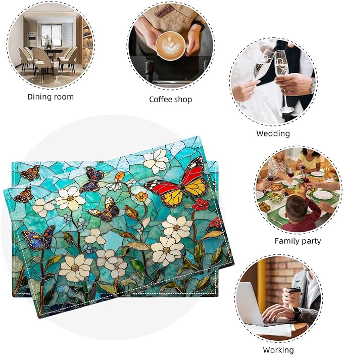 Butterfly Teal Placemats Set of 6, Colorful Stained Glass Place Mats, Rustic Flowers Dining Table Mats, Washable Placemats for Kitchen Dining Room Home Decor 18L'' × 12W''