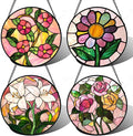 Stained Glass Window Hanging 4 Pcs Set Pink Floral Theme 9.8" - Flowers Suncatcher Door Garden Sun Catcher Decor Birthday Christmas for Mom Woman Nana Men Friend