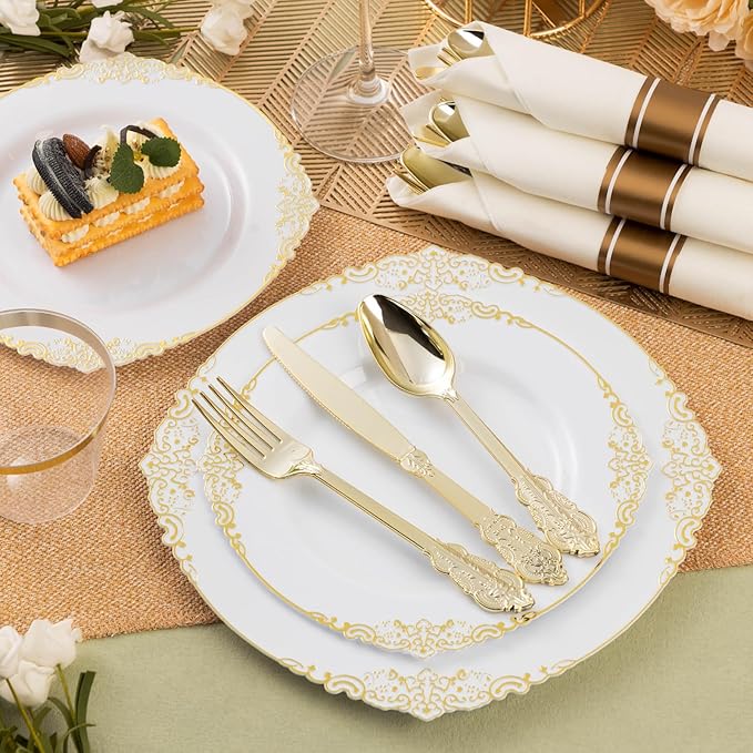 150PCS Gold Plastic Silverware for 50 Guests, Heavy Duty Gold Disposable Utensils Sets, Includes 50 Forks, 50 Spoons, 50 Knives, Elegant Cutlery Perfect for Wedding, Party